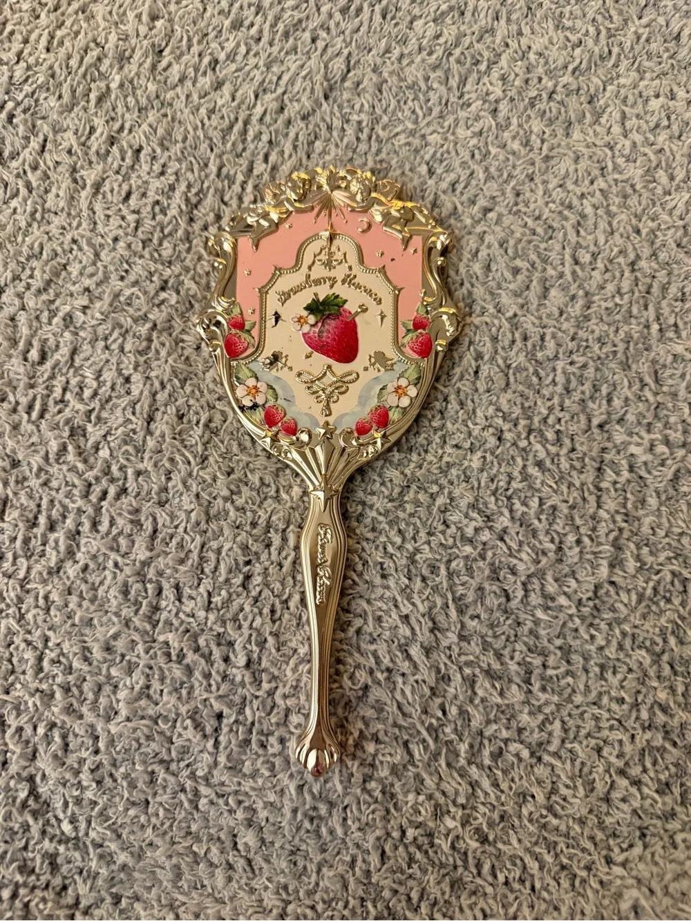 Gold Hand Mirror with Pink Strawberry Accent